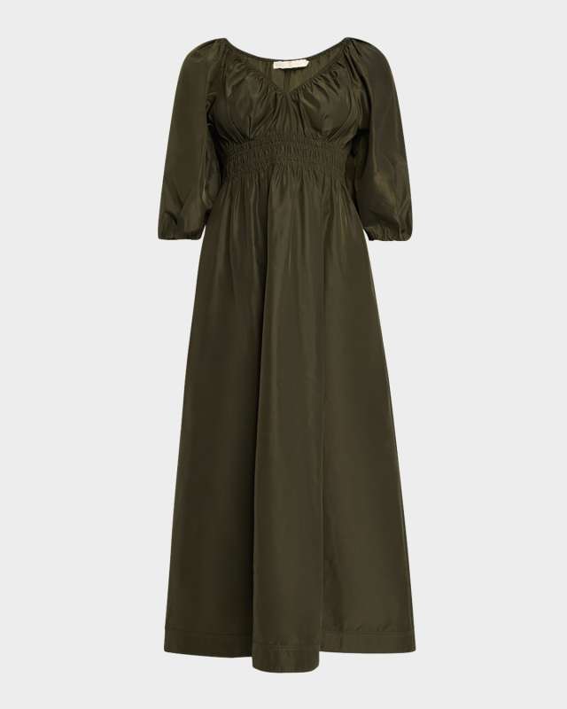 Ava Smocked Blouson-Sleeve Midi Dress